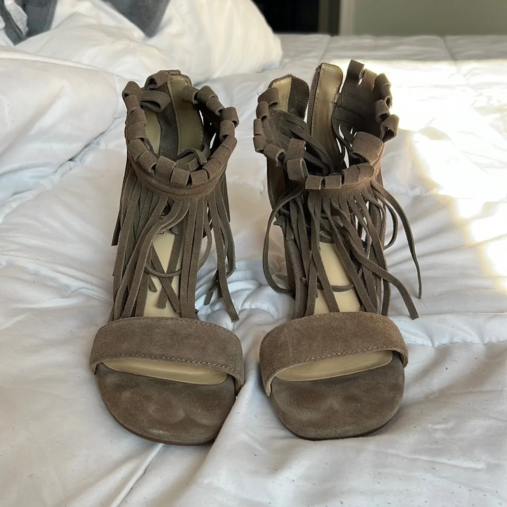Suede block heel fringe sandals.  Matiko x Free People - Picture 3 of 10